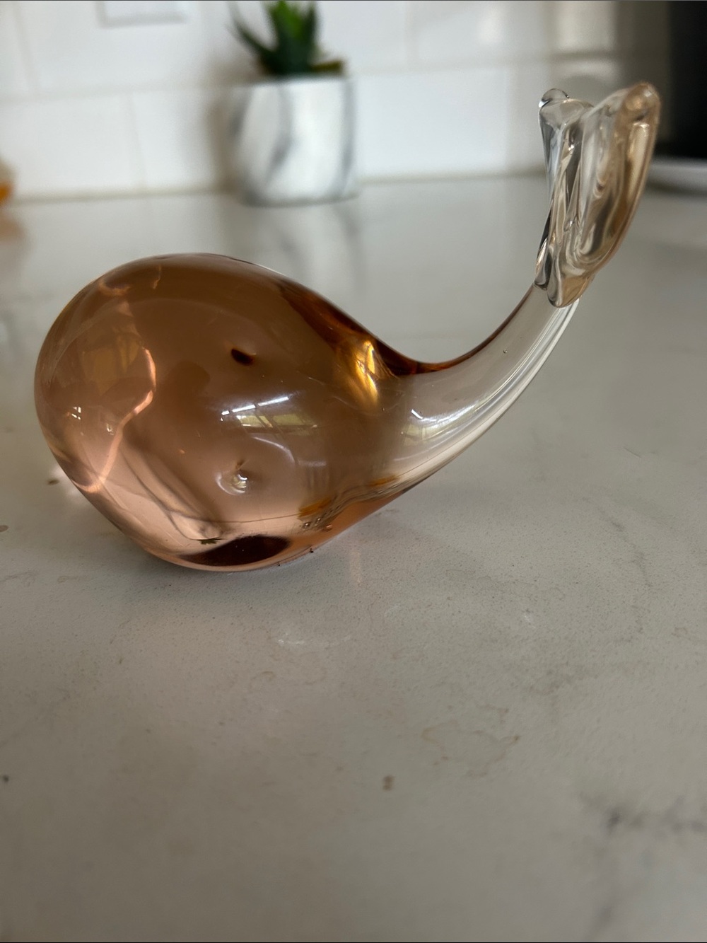 Blown Glass Whale Paperweight Figurine Pink Rose Gold